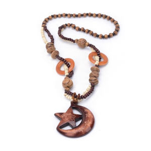 wooden star and moon necklace