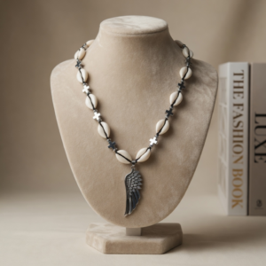 cowrie shells necklace with angel wing pendant